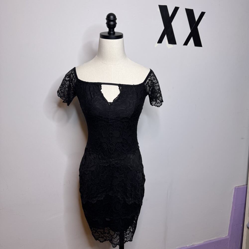 Vintage GUESS Y2K Black Mesh Lace Mini Dress Sheer Party Club XS